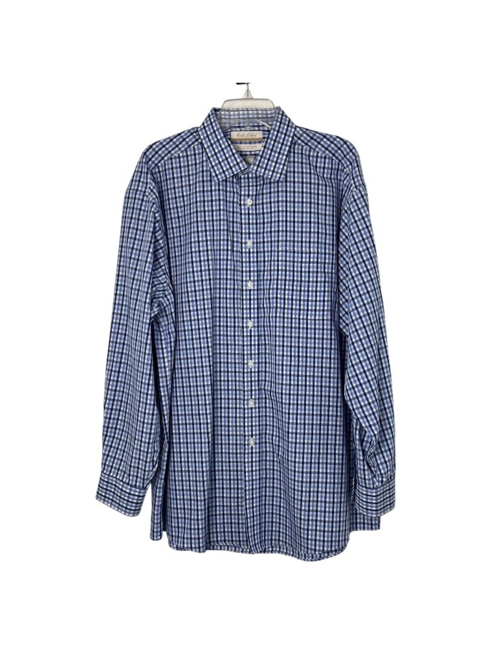 Roundtree & Yorke Mens 17 35 Blue White Check Non-Iron Cotton Poplin Shirt Used